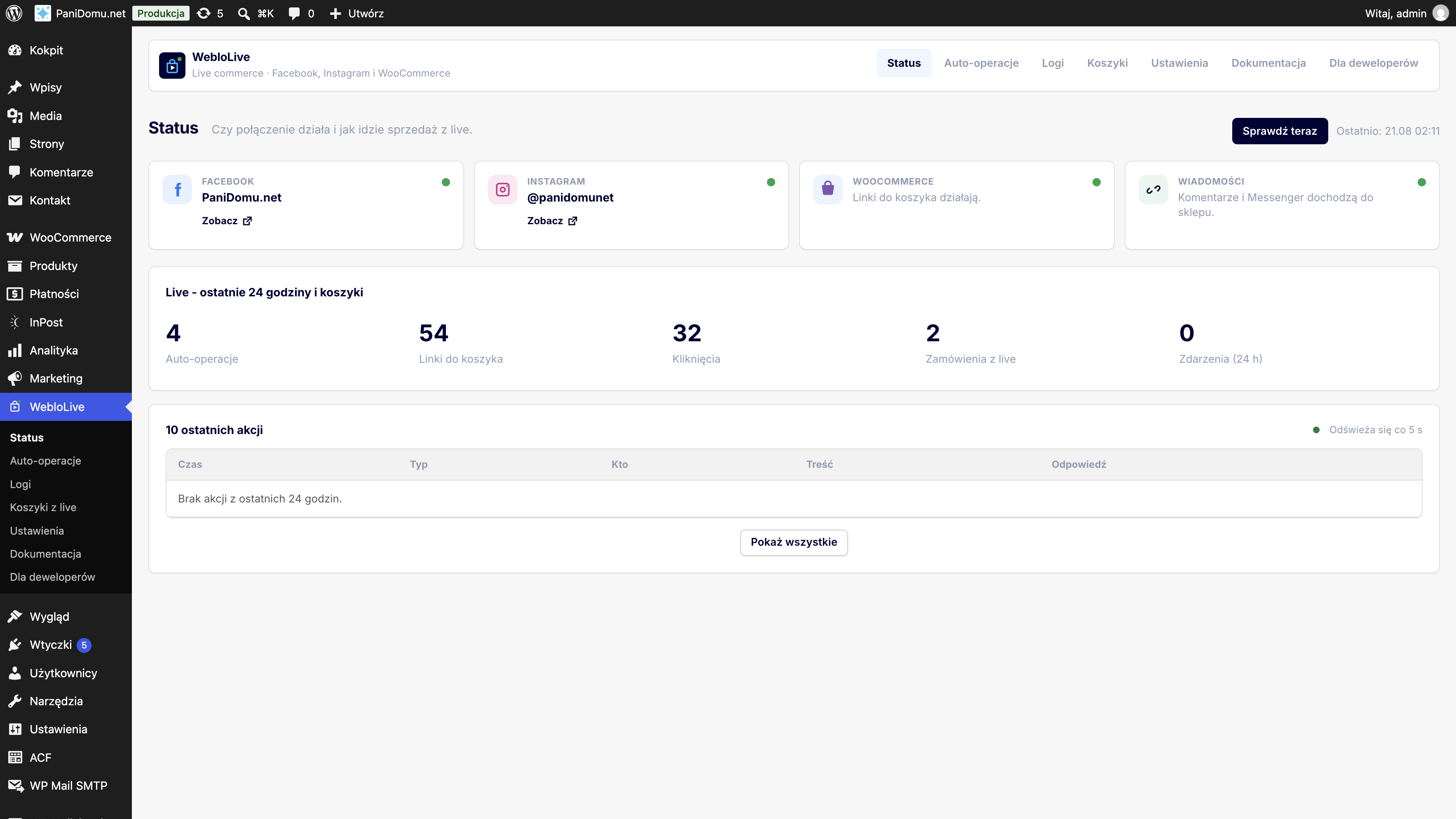 Ekran Status w WebloLive: Facebook, Instagram, WooCommerce i wiadomości działają